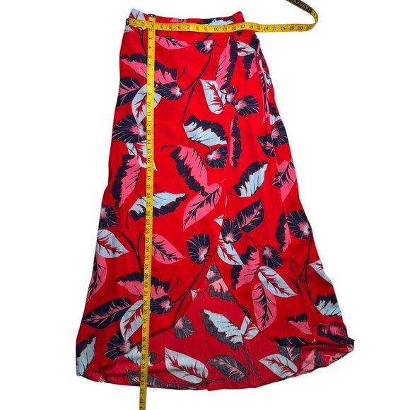Express Red Tropical Floral Maxi Skirt With Asymmetrical Hem & Elastic Waistband - Picture 6 of 7
